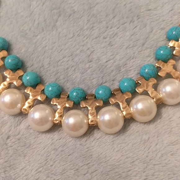 Statement Necklace faux pearl / turquoise - Picture 2 of 2